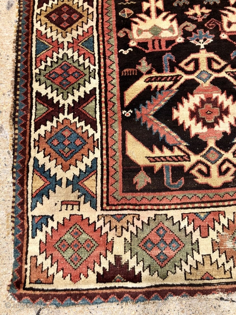 Antique Persian tribal rug, possibly shahsavan, with an interesting field paired with an outstanding dramatic border. Mostly good pile, (rug weighs about 15 lbs.) some wear as shown. As found, dirty with  ...