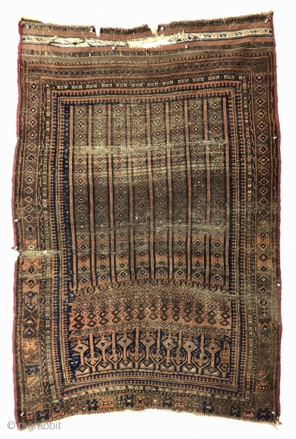 Antique Baluch rug with an interesting and probably unique design. The weaver went beyond free drawing to uber free drawing with three pieces completely different field designs on one rug. One could  ...