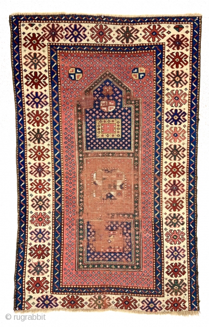 Antique small prayer rug with an unusual design. Presumably Caucasian Kazak but not like any I have had. Quite an eye catching field design but also a notable main border as well.  ...