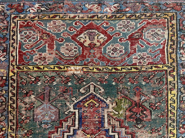 Early Turkish mudjar prayer rug. First rate drawing but very rough condition. Heavy wear, edge roughness, crude repairs as shown. On my wall for many years. Mid 19th c. 48” x 60”
BO 