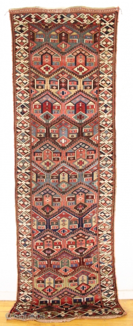 antique kurdish palmette long rug in excellent original condition with no repairs. Beautiful field design paired with an interesting border. All natural colors including some pretty camel wool pile. Washed, but otherwise  ...