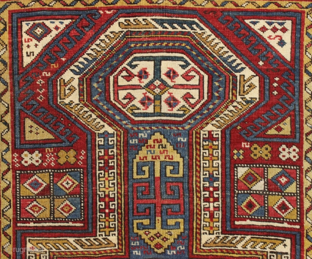 antique shirvan rug with classic keyhole medallion. Busy, but in a nice way. Good overall condition with even pile and all natural colors. Clean and ready for wall dispay or light floor  ...