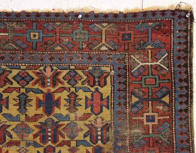 antique yellow ground kuba seichour rug with chi chi design field and an interesting border. In rough condition with wear and damage as shown and priced accordingly. Good colors. ca. 1875. 3'4"  ...