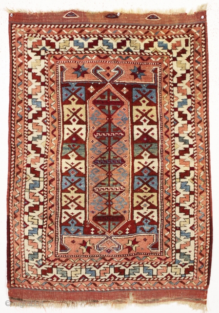 antique small west anatolian rug in excellent condition. A little jewel. Good thick pile with all beautiful natural colors. Pretty greens. Original kelim ends and selvages. Recent wash and small edge repair.  ...