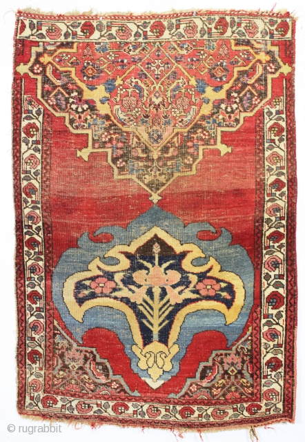 antique bidjar sampler or wagireh. Eye catching design. All wool. As found, clean with overall very low pile. Typical range of vibrant late 19th c. bidjar colors including lots of pinks. Doesn't  ...