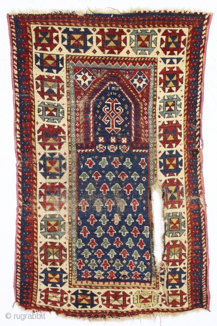 early and archaic kazak prayer rug. An interesting example of a non commercial village weaving. All natural colors. Washed but "as found", with coarse weave, wear and damage as shown. Simple and  ...