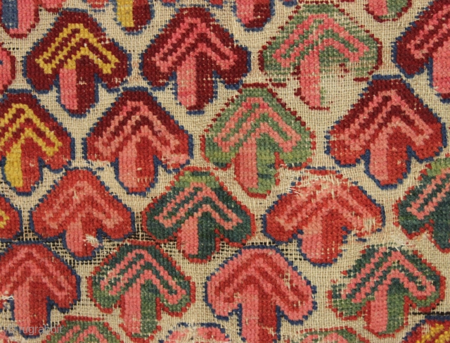 antique little seichour rug with astonishing color. A rainbow of natural colors. Almost completely oxidized brown field. Overall rough condition with wear and damage as shown. Slight edge staining from the crude  ...