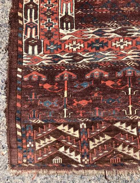 Early yomud ensi with elegant drawing, rich colors and overall good condition. Beautiful skirt panels. Good pile. All excellent saturated colors. Reasonably clean. Good age. 3rd qtr. 19th c. 4’3” x 5’  ...