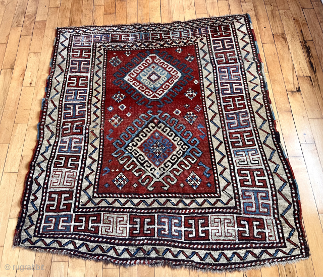 Antique Caucasian rug, possibly zakatala, with strong design and overall pretty good condition. Some light wear as expected. Latch hooked border and dark wool wefting I associate with zakatala rugs. All natural  ...