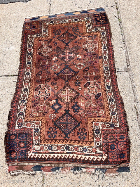 Antique Baluch double ended prayer rug. First rate example of this rare type. Mostly good thick pile. Turkish knotted. Great range of natural colors  including greens, blues, yellows, madder and cochineal  ...