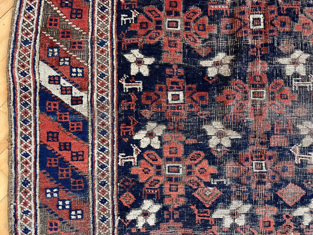 Unusual small Baluch “main” carpet with nicely drawn Mina khani field. Numerous little animals and an uncommon barber pole main border. Moderate brown oxidation and scattered wear as shown. Good old colors  ...