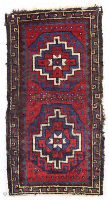 antique turkish yastik. Dramatic memling gul design. All deep rich natural colors. Reasonably clean. Small repair, some wear and edge roughness as shown. Good age, ca 1870 or earlier. 17" x 31"  ...