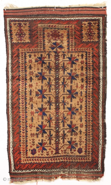antique diminutive camel ground baluch prayer rug. Real camel wool. Overall fair condition and I see no repairs. Reasonably clean. Nice little authentic weaving. Late 19th c. 2'5" x 4'1"   
