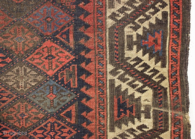 antique baluch rug displaying an early and interesting version of the turkman line, vine, or so called boat border. As found, very very dirty with wear as shown and priced accordingly. All  ...