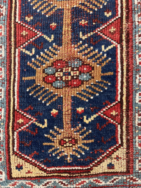 Early Turkish Makri prayer rug with the strong archaic drawing I find attractive. Beautiful natural colors featuring lots of yellow and honey gold highlights. Typical coarse weave with overall even low pile.  ...
