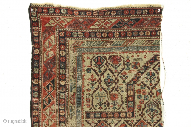 Antique caucasian shirvan prayer rug fragment. Almost half the rug. All good natural colors. Old piece with great variety of plant designs in the lattice. Very very dirty. All manner of damage  ...