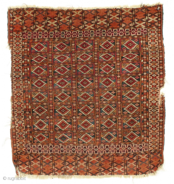 Antique small tekke rug. Unusual field design. "As found", very dirty and with low pile and damage as shown. Appears to be all natural colors including much insect dye and no dye  ...