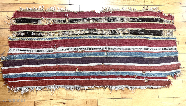 Old Turkish flat weave fragment. Lovely old colors. Edges all rough. Corroded blacks. Clean and structurally sound. All wool.Mysterious little weaving. Shop clean out. $100 plus shipping. 30” x 64”
waynecbarron@aol.com