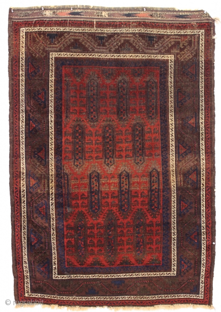 antique baluch rug. Interesting design and rich natural colors. Fresh New England find. Good even low pile with nice sculpting from heavy brown oxidation. Clean and brilliant with fiery reds. a little  ...