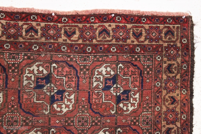 antique baluch rug. a little bit unusual. Large size scatter with turkoman inspired field. Chunky weave. Allover even low pile. i don't see any repairs. Not perfect condition but entirely useable. Something  ...