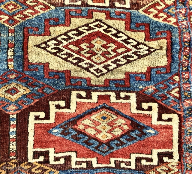 Antique tribal rug with bold large Memling guls and thick fleecy pile. Possibly east Anatolian origin? Excellent natural colors. Mostly good thick pile with scattered wear, creases, tears, brown oxidation and end  ...