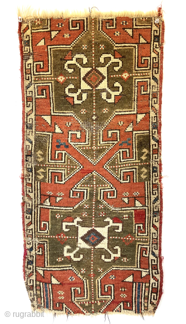 Antique Turkish yastik with dark green medallions. Archaic drawing. Rough as shown. Shop clean out. 19th c.
16” x 35”
waynecbarron@aol.com