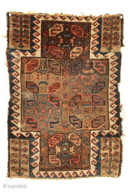 Antique baluch rug fragment. Rare design. All good natural colors. Edge damage all around, small old repairs, moth nibbles, small tears. Just had a quick wash. Good age, ca. 1880 or earlier.19"  ...