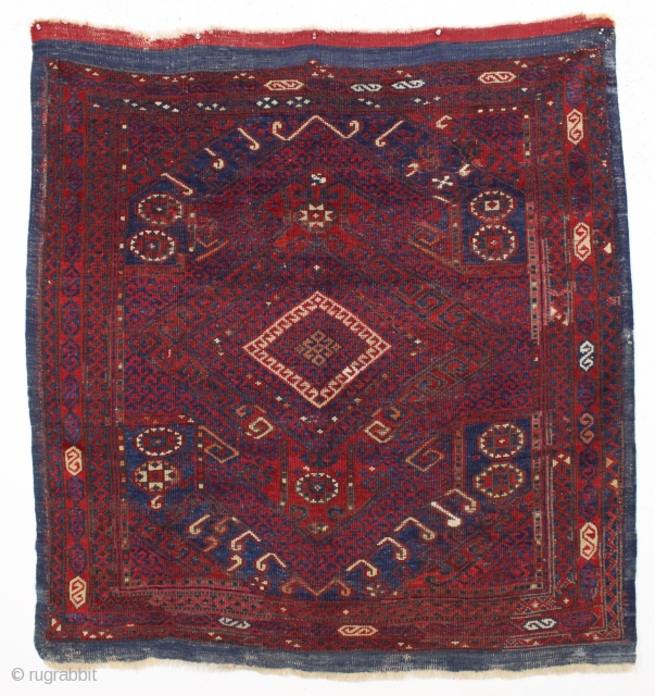 antique west anatolian bergama rug. Older example of the type with all natural colors. Nice small size and nearly square. Original fancy selvages and pretty blue kelim ends. Thin, blanket like handle  ...