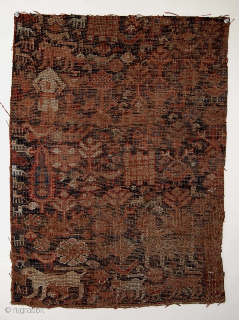 Antique SW Persian rug fragment. Menagerie with a lion, a tiger, a human and more. Lower than low pile. Almost imaginary. Color? Age? 19" x 26"       