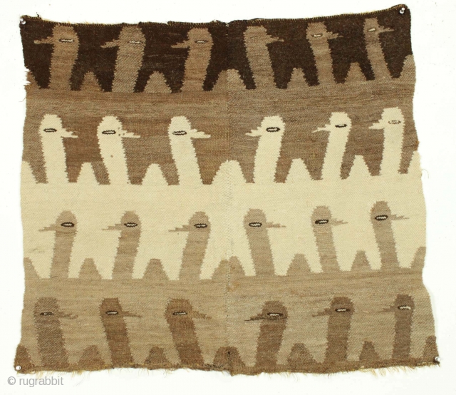 Old textile fragment. South American? They look like alpacas and probably it's alpaca wool. Woven in two pieces. Original selvages. Reasonably clean. Soft and charming. 2'7" x 3'     