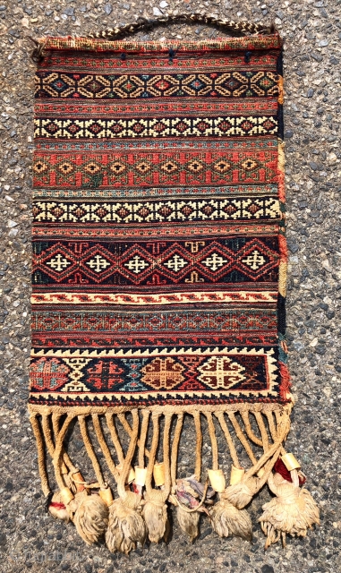 Antique complete flat woven soumak small bag, likely Persian - Afshar? or Bahktiari? All excellent natural colors with nice greens and light blue highlights. Original ends and wrapping. Whites appear to be  ...