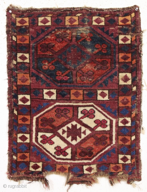 antique uzbek pile weaving. "as found", with all good colors but some wear and end loss as shown and priced accordingly. Reasonably clean. late 19th c. 21" x 28"    