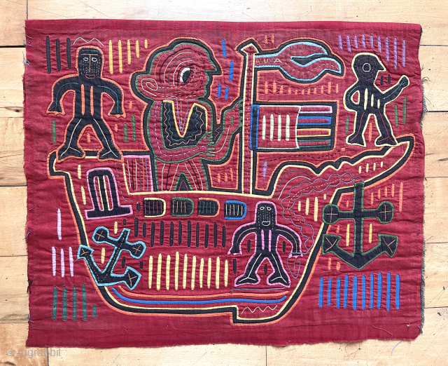 Vintage textile “mola” with an unusual nautical theme. Colorful and charming. Loosely sewn cloth backing.
Undervalued hand work. 20th c. 15” x 19”
Asking $125          