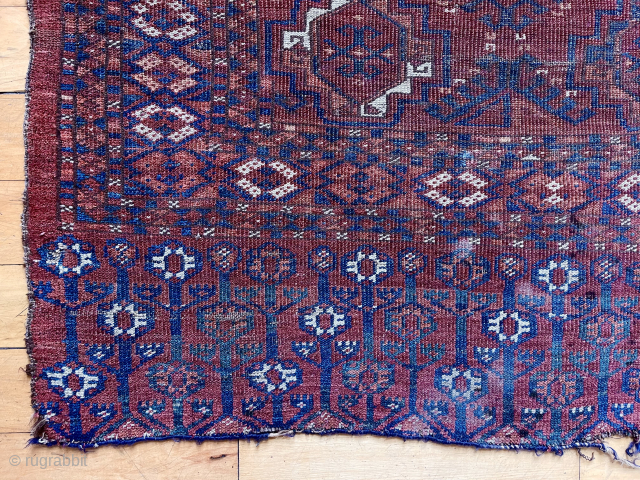 Antique large turkman ersari chuval. Worn and very dirty but with some interesting features. Looks like some attractive greens under the dirt and an uncommon skirt panel design. Could be quite attractive  ...