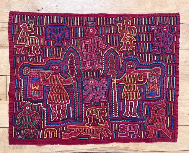 Vintage textile “mola”. Not sure what the theme is on this one. Musical? Biblical? Colorful and charming. Loosely sewn to cloth backing. Undervalued hand work.
20th c. 17” x 23”
Asking $125   