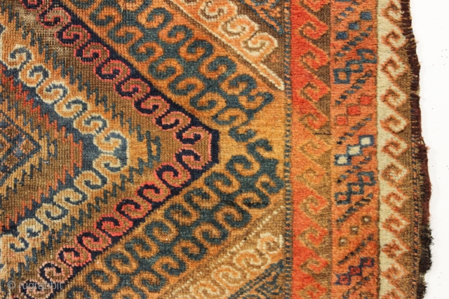 antique baluch rug. I know the colors look unusual but this rug does have a most unusual color palette. In "as found" condition, very dirty, just picked from a New England home.  ...