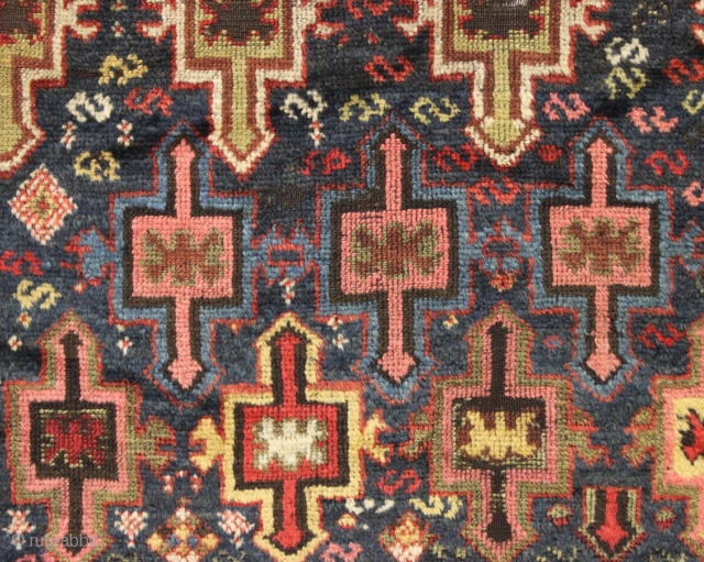 Color, color, color. Antique persian village rug with superb saturated natural colors. Interesting mottled color effects with some original dark wool dyed blue. Clean with lustrous pile. Dark wool foundation. "as found",  ...