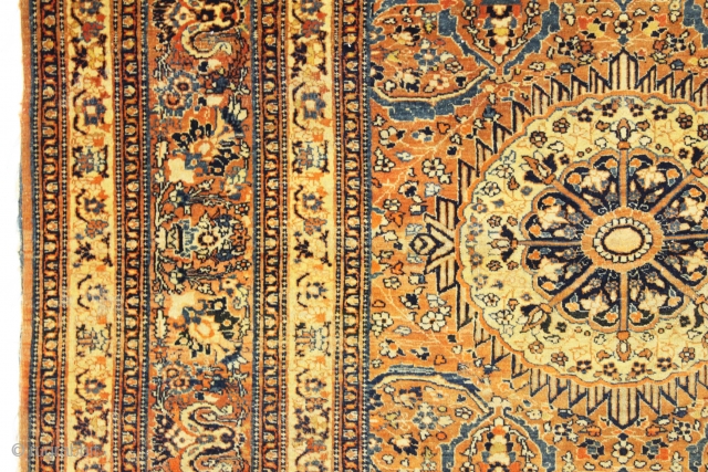 antique tabriz rug. Local find. Genuine older tabriz with a rare terrific design and characteristic early colors. Fine weave. As found, good even tight pile with a few small spots of wear  ...