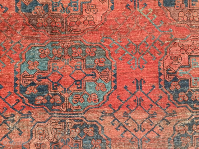 Old ersari carpet in rough condition. Older drawn guls and some interesting colors. As found, very dirty and very worn. Priced accordingly. 19th c. 7'10" x 8'8"      