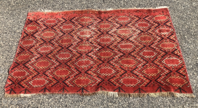 Antique very large Ikat inspired turkman chuval with some unusual structural features. Appears to have ivory cotton wefting and partial mixed cotton/wool warps. Pile varies from good low pile to very low  ...