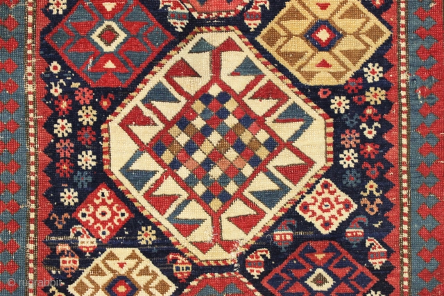 Antique caucasian akstafa rug. Very high quality wool and crisp overall drawing. Unusually delicate rendition of this border type. First rate natural colors and a dazzling array of interesting small elements. Heavy  ...