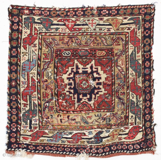 Antique large sumak bagface. Terrific borders. All natural colors with nice yellows and greens. Some cotton whites. Old crude off colored but oddly well done large home repair of lower field. Small  ...