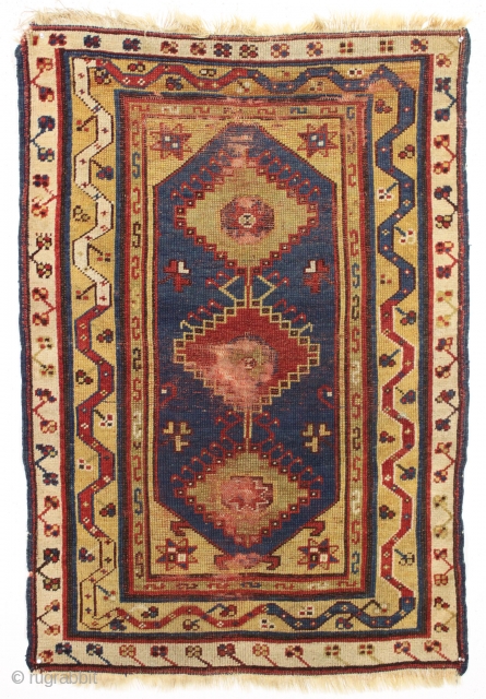 Antique Turkish Makri rug. Single column example. Nice spacious drawing, particularly in the borders. All natural colors with light greens and good strong yellows. "As found", not restored and in need of  ...