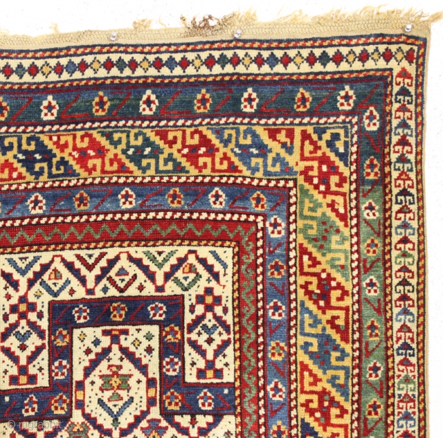 antique caucasian shirvan prayer rug in excellent condition with outstanding colors. Above average drawing and world class natural colors featuring lots of lovely greens and fine yellow highlights. Good overall even pile.  ...