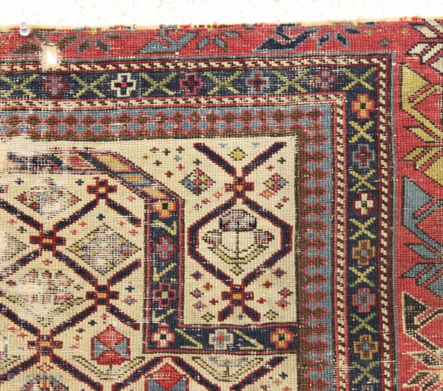 early ivory ground east caucasian prayer rug with some silk pile. What remains of an early example of the type. Interesting study piece. Hard to find this age anymore. Ca. first half  ...