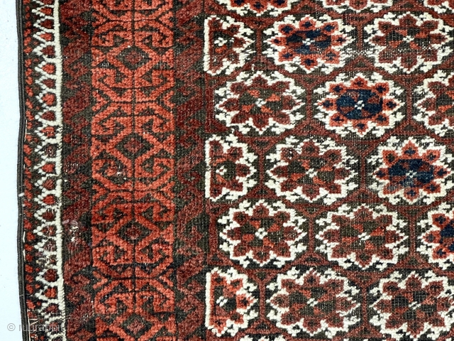 Antique small Baluch rug in reasonably good condition with an unusual field design. The overall lattice field with offset rows of delicate flowers I have not seen before. Nice floppy handle. Scattered  ...