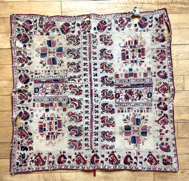 Old textile. Assembled piece. Greek? Tears and scattered small damages 
33” x 35”                    