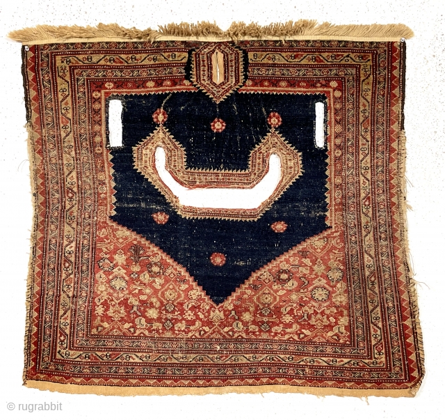 Smile! Antique senneh saddle rug. Authentic object. Good tight weave. Wear as one would expect of a utilitarian item. Top fringe added. Not so easy to find anymore. Good age. 19th c.  ...