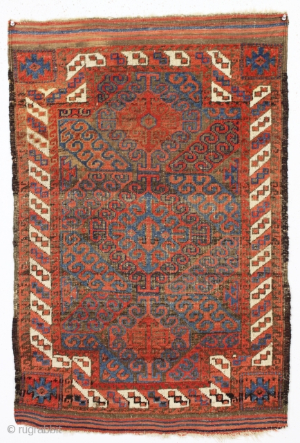 antique tiny baluch rug. Unusual double ended mushwani type baluch in good condition for a genuine older piece. Even low pile with expected brown oxidation. Original goat hair selvages and fancy kelim  ...