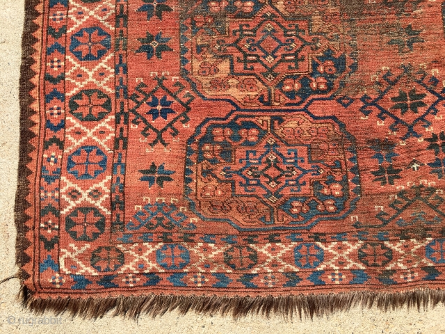 Antique small ersari main carpet. Intact but with some heavy wear as shown. End of summer clean out and priced accordingly. 19th c. 6'8" x 7'6"       